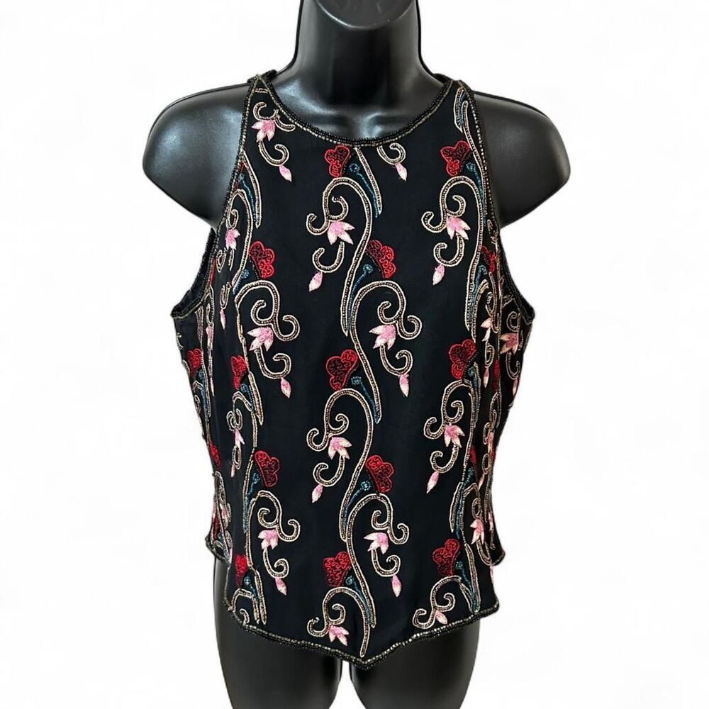 Adrianna-papell Women's black beaded and embroidered evening camisole top